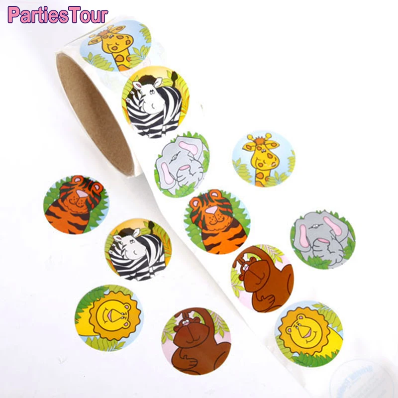 

100 sheets/roll Forest Animal Stickers Cartoon Lion Tiger Elephant Backpack Stickers Kid Boy Birthday Party Favors Supplies