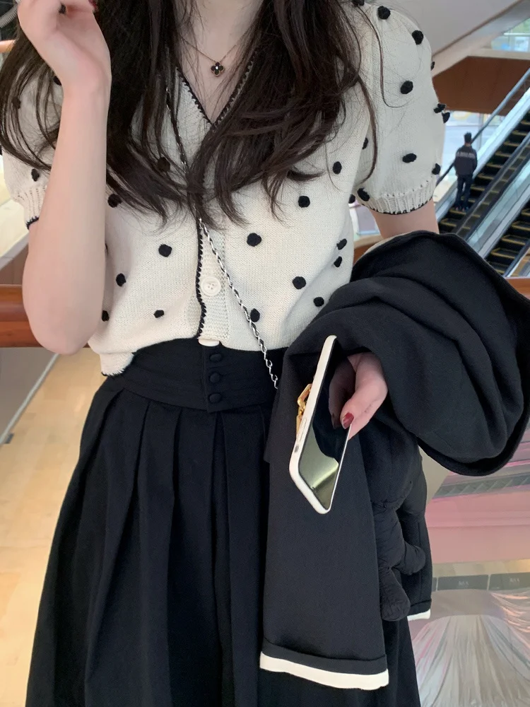 

Fashion Puff Sleeve Top Korean Style Knitted Sweater French Gentle V-neck Thin Knitted Cardigan