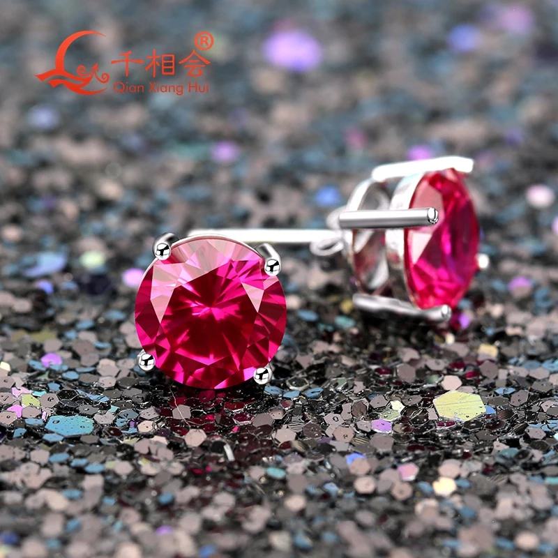 Серьги-гвоздики из серебра 925 пробы с розовым корундом круглой формы 8 мм |
