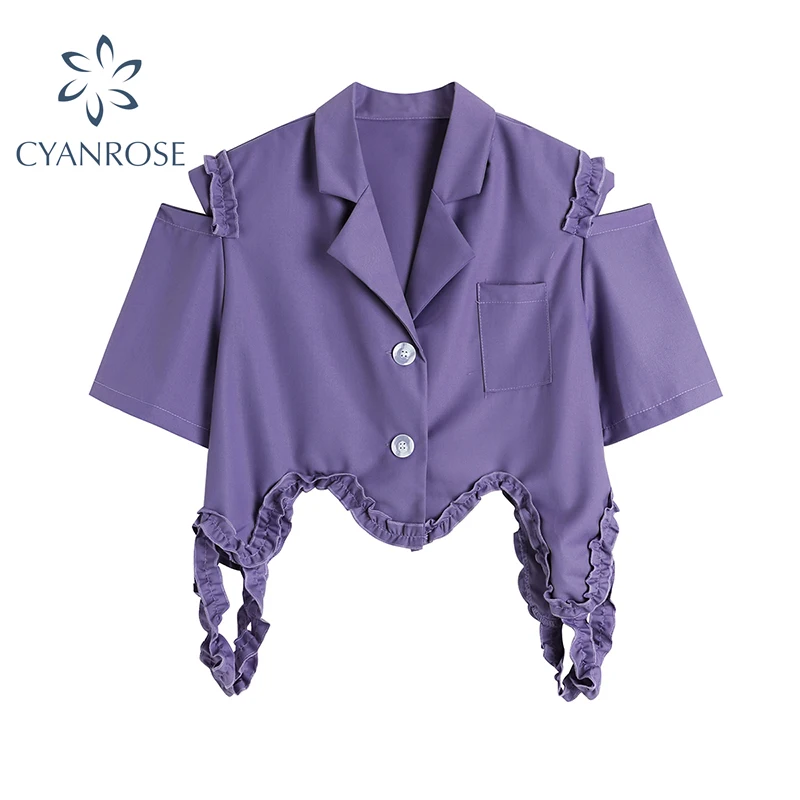 

2021 Summer New Design Purple Lace Edge Hollow Blazer Coats For Women's Korean Style Chic Club Partywear Cropped Tops Female