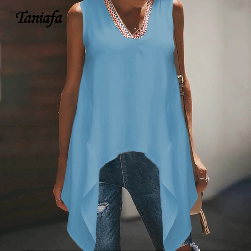 Taniafa Женская мода V образным вырезом без рукавов рубашки летние повседневные