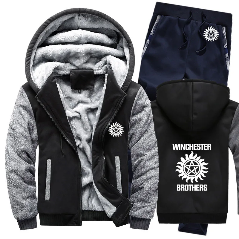 

2021 Winter Fleece Thicken Tracksuit Supernatural winchester brothers Print Hoodies Men Suit Warm Sweatshirts Jacket+Pants Sets