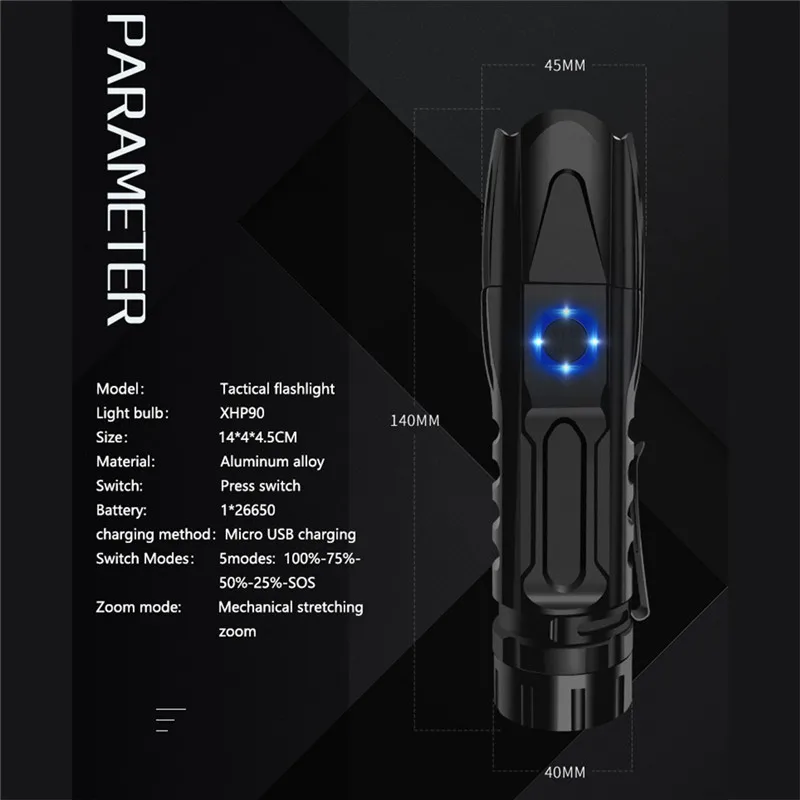Светодиодный фонарик XHP90 с фокусировкой перезаряжаемый от USB 26650 фонафонарь 5