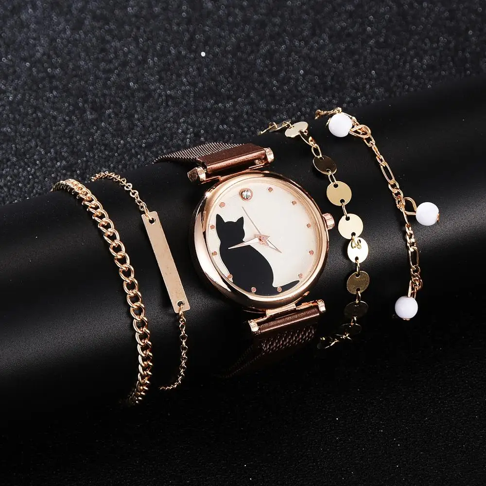 5 шт./комплект Женские кварцевые наручные часы с изображением кошки | Наручные
