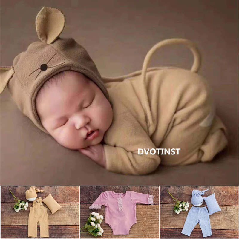 Dvotinst Newborn Baby Photography Props Cute Animals Outfits Bonnet Hat Pillow Set Bodysuit Fotografia Studio Shoots Photo Props