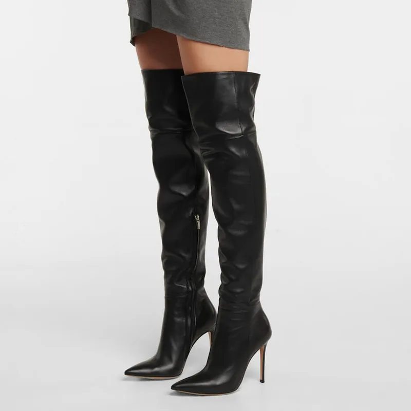 

Black Leather Boots Autumn Winter Women's Long Boots Microfiber Leather Sexy Zipper High Heels Pointed Toe Modern Boots Fashion
