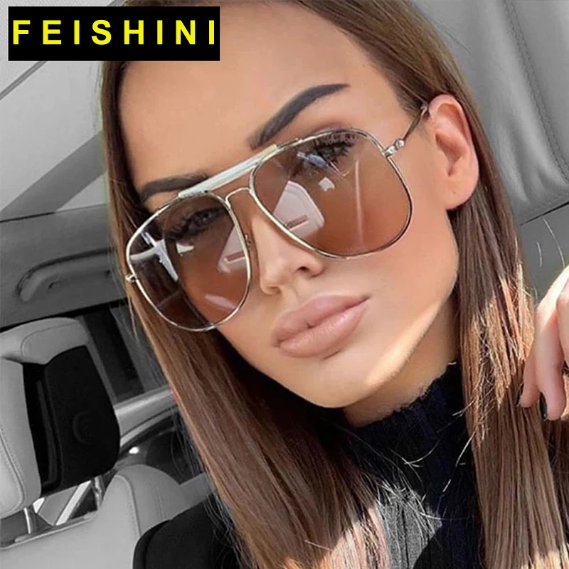 

Feishini 2022 Metal Frame Big Pilot Sunglasses Women Brand Designer Fashion Gradient Lens Unisex Sun Glasses Man Stylish Shades