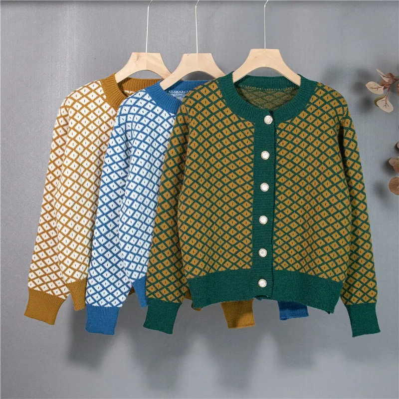 

Винтажный кардиган, свитер, женское клетчатое пальто, Осень-зима 2021, новая корейская мода, Свободный вязаный жакет на пуговицах, желтые и зел...