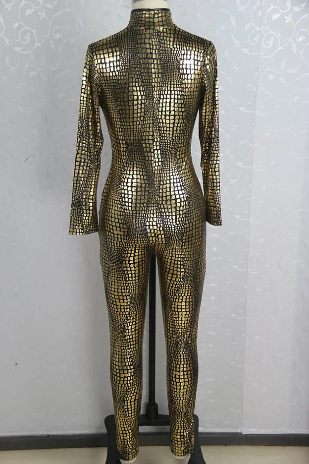 Женский Облегающий комбинезон из змеиной кожи с длинным рукавом и молнией