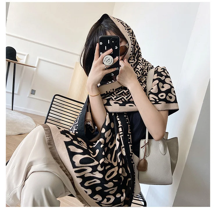 Manta de marca de lujo para mujer, bufanda de doble cara, capa de leopardo, chal largo de empalme a cuadros, chal de Cachemira de anacardo, c&aacute;lido para invierno-0