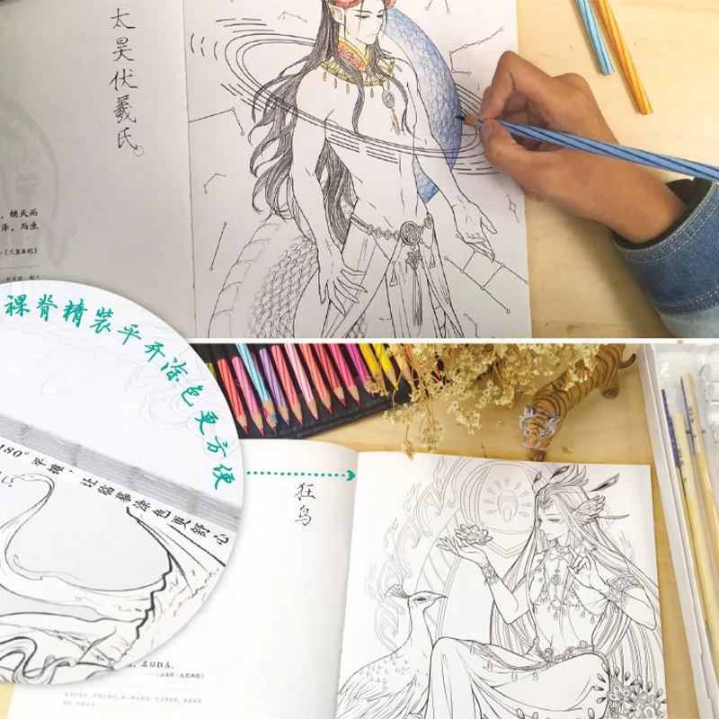 

Chinese Shan Hai Jing book hand-painted graffiti ancient style comics line drawing character adult decompression coloring book