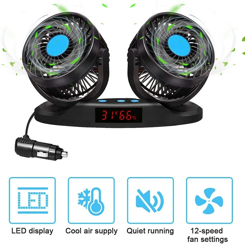 

12V Car Double-Headed Fan 360 Degree Rotatable Cooling Fan with LED Display Temperature and Humidity Black