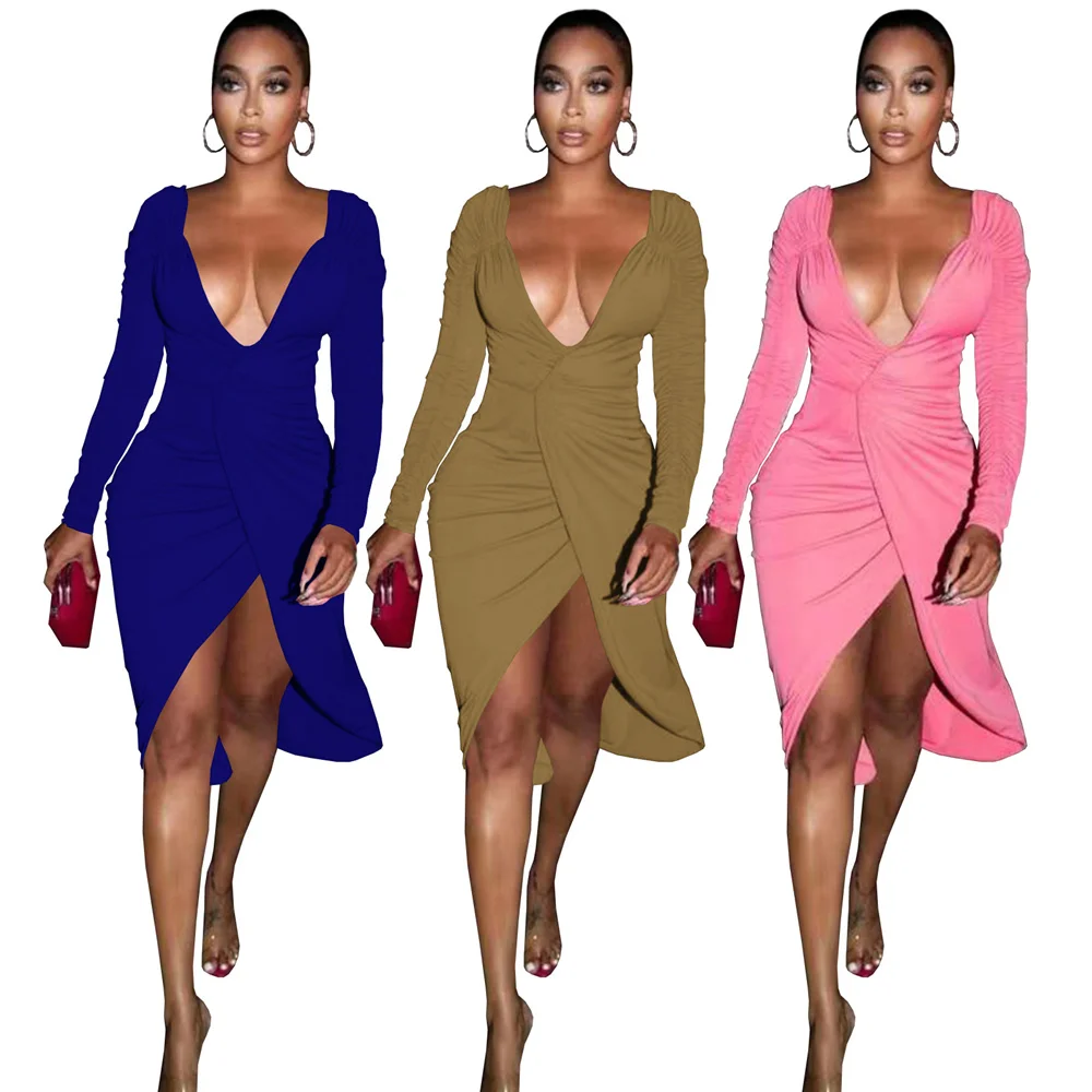 

Женская одежда, однотонное модное Плиссированное элегантное платье с глубоким V-образным вырезом, пикантные вечерние платья с разрезом для ...