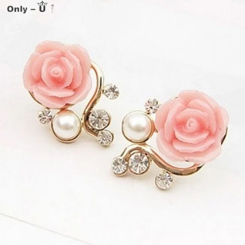 

Fashion Women Sweet Earing Rose Artificial Pearl Stud Earrings Fine Jewelry FS99