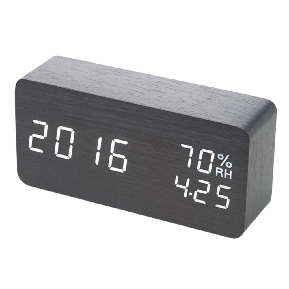 

Digital Alarm Clock Wood Electric Desk Clock with 12 or 24H LED Time Date and Temperature Display Snooze Sound Control