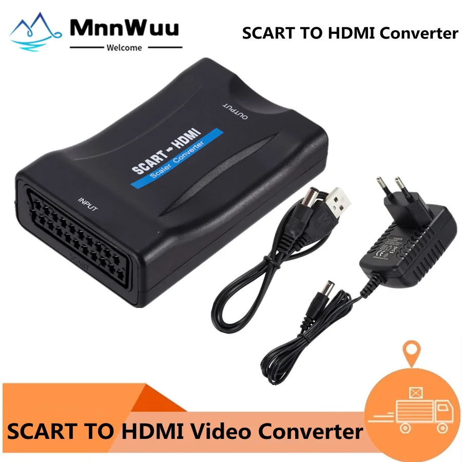 

1080P SCART To HDMI-compatible Video Audio Upscale Converter Adapter for HD TV DVD for Sky Box STB Plug and Play DC Cable
