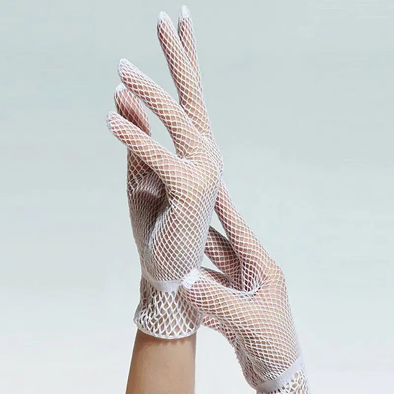 

New Women Bridal Sexy Hollow Out Fishnet Full Fingered Gloves Wrist Length Elastic Solid Color Sunscreen Mittens Wedding Party