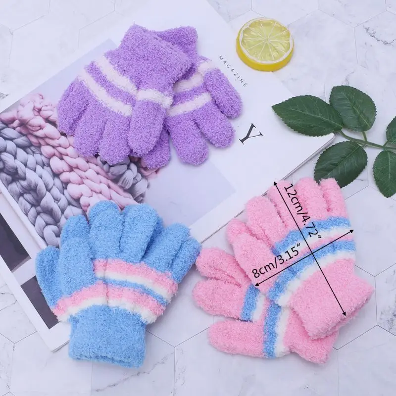 

1 Pair Baby Gloves Warm Winter Full Finger Thermal Coral Fleece Kids Boys Girls Colorful Stripe Soft Elastic Solid