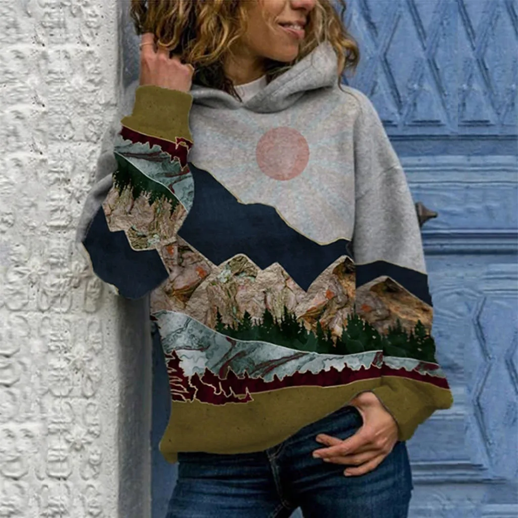 

Elegant Mountain Print Hoodie Women Autumn Winter Long Sleeve Hooded Pullover Tops female Hoodies Sweatshirts sudaderas mujer