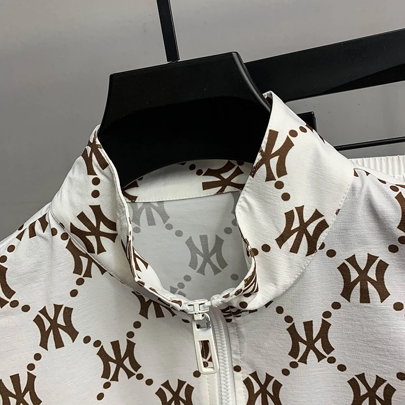 

Men's fashion suit 2021 summer fashion brand white zipper stand collar cardigan letter embroidery printing two piece men's suit