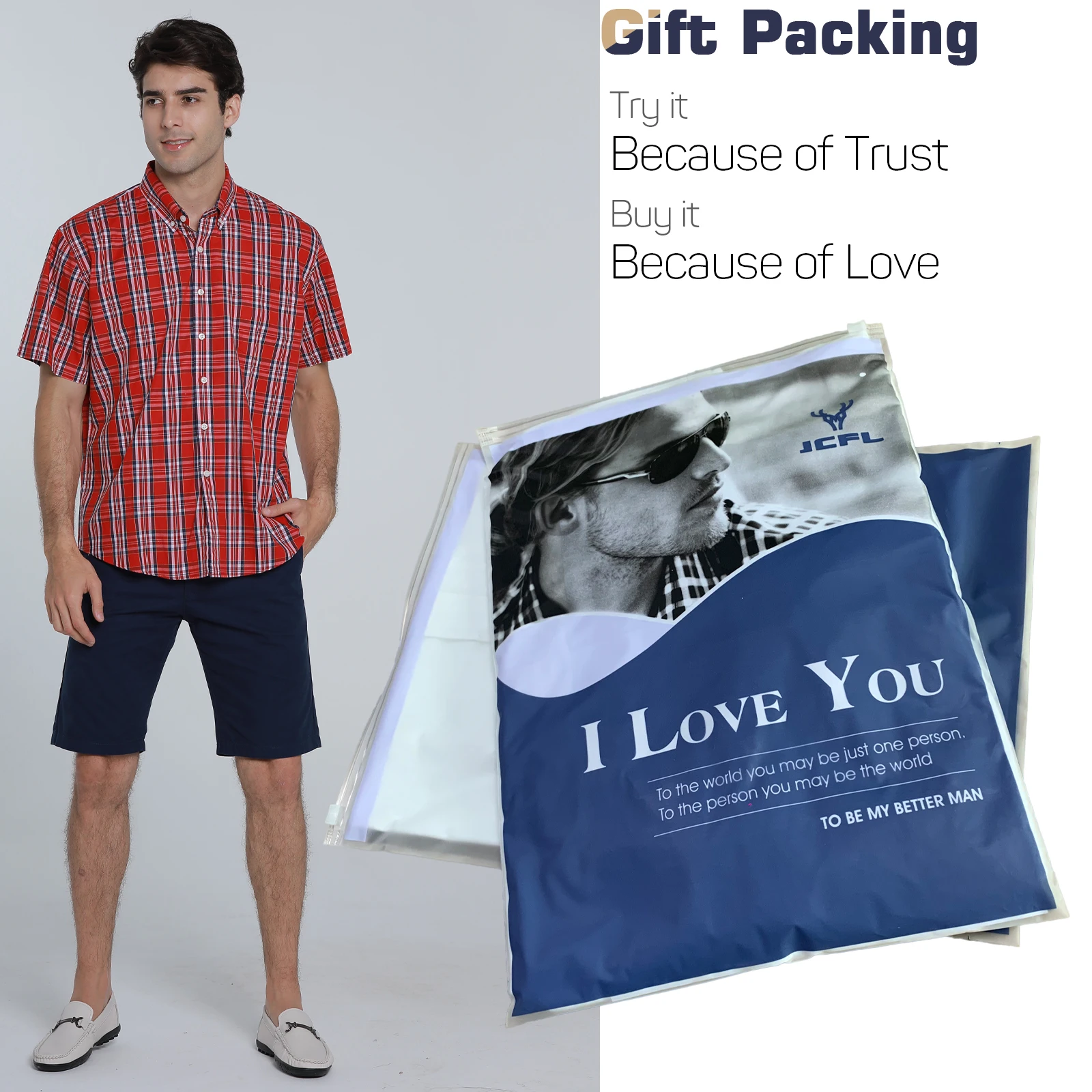 

JCFL Men Care Plaid Pocket Shirt - Red & White & Gray Summer Smart Cusual Shirts Tops Free Shipping