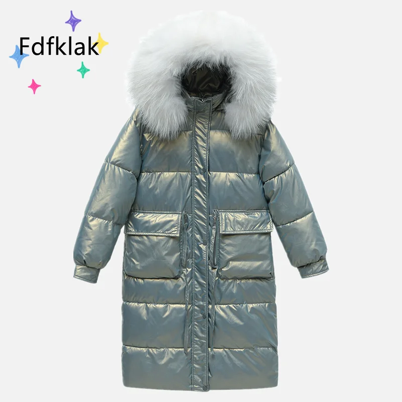 

Fdfklak New Russian Winter Coats Zipper Mid-Length Glossy Fur Collar Jacket Button Loose Big Pocket Top Camisole Manteau Femme