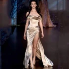 Женское атласное платье с рюшами Sevintage, длинное вечернее платье с открытыми плечами, красная ковровая дорожка, без бретелек, с высоким разрезом, Русалка складки