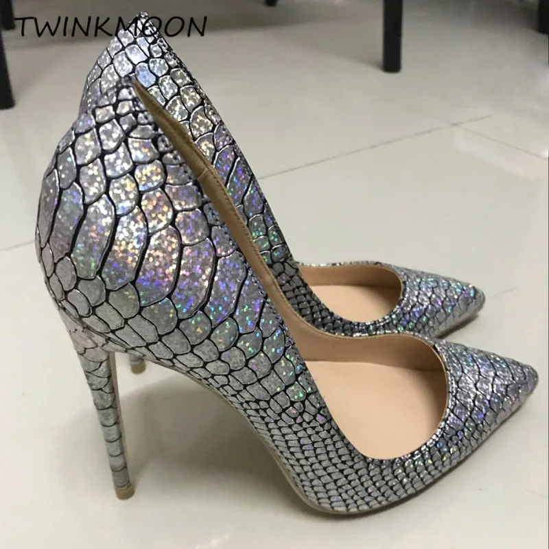 

Sneak Print Bling High Heels Shoes Point Toe Pumps 12/10/8cm Stiletto Vintage Ladies Shoes Party Wedding Shoes Factory Photo