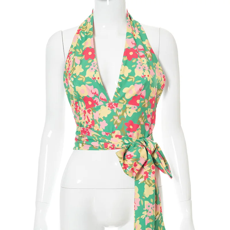 

Ins Neon Halter Tops for Women Summer Backless Floral Print V Neck Cami Tank Top Fashion Sexy Sleeveless Bandage Crop Top 2021