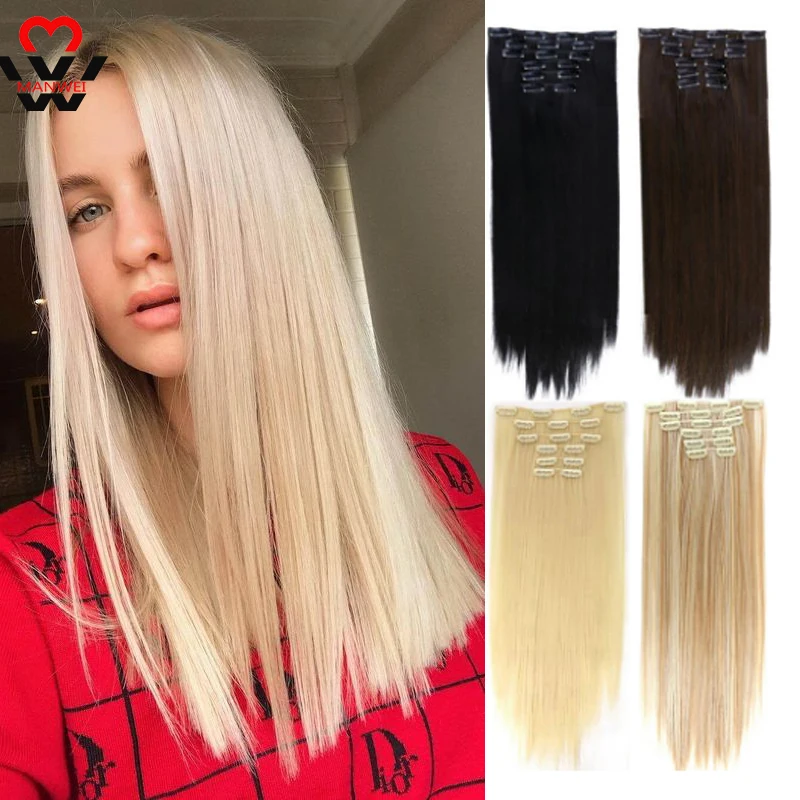 

MANWEI 6Pcs/Set Long Silky Straight Ombre Grey Synthetic Clip In Hair Extensions 16Clips Fake Hair Natural 22'' Heat Resistant
