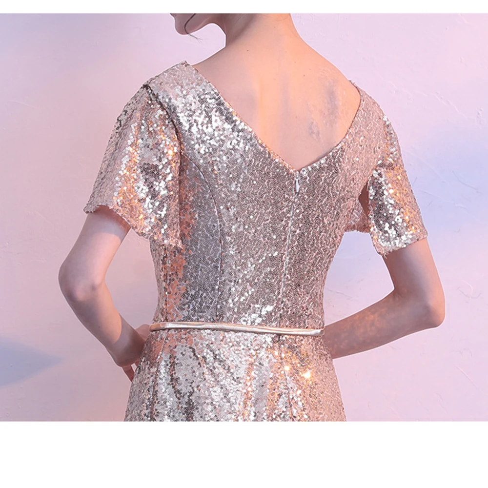 

V-neck Short Sleeve Party Dress Gold Color Prom Dress V-back A-line Formal Dress For Women XUCTHHC New Sparkles Evening Dress