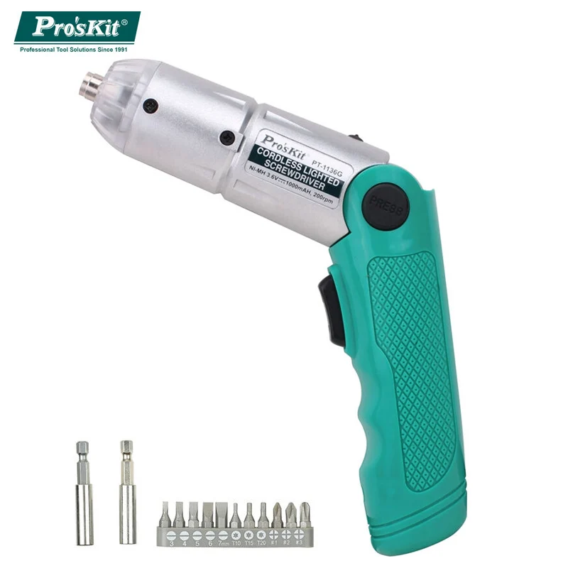 

ProsKit PT-1136G Mini Electric Screwdriver Gun Rechargeable Foldable Cordless Drill Bits Lighted Repairing Power Tools Kit