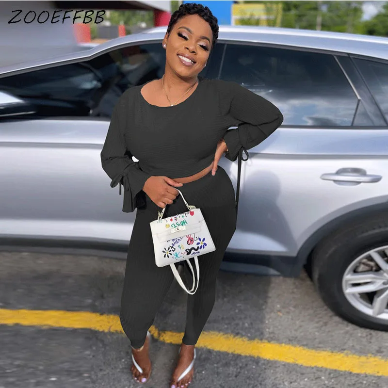 

Женский комплект из двух предметов ZOOEFFBB, однотонный уличный костюм в рубчик, укороченный топ с расклешенными рукавами, осенние спортивные ш...