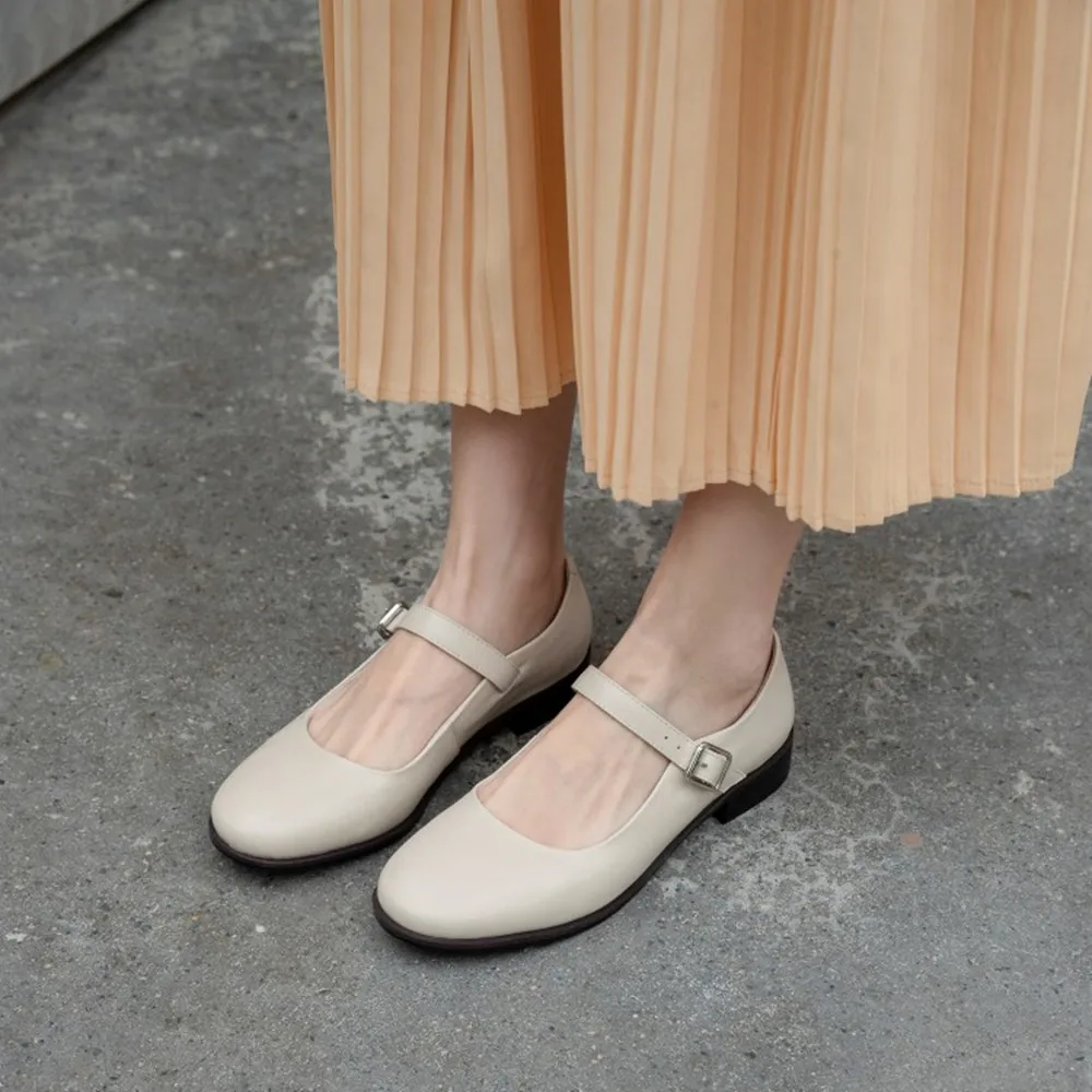 

Women's genuine leather metal buckle round toe mary jane flats high quality soft comfortable student style casual daily shoes