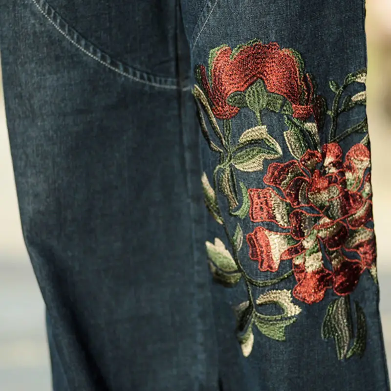 Spring Autumn Women's Vintage Wide-leg Jeans 2021 New Casual Flowers Embroidery Pants Cotton Denim Trousers Jean Femme