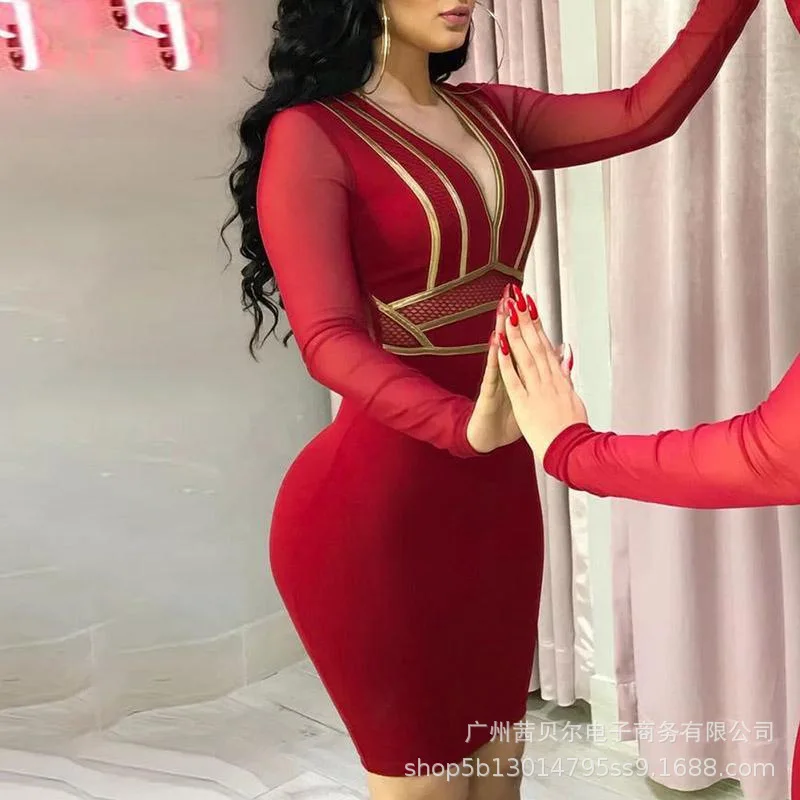 

WEPBEL Women Elegant Mesh Metal Strips Patchwork Party Dress Casual Ladies V Neck Long Sleeve Stretch Bodycon Pencil Dress