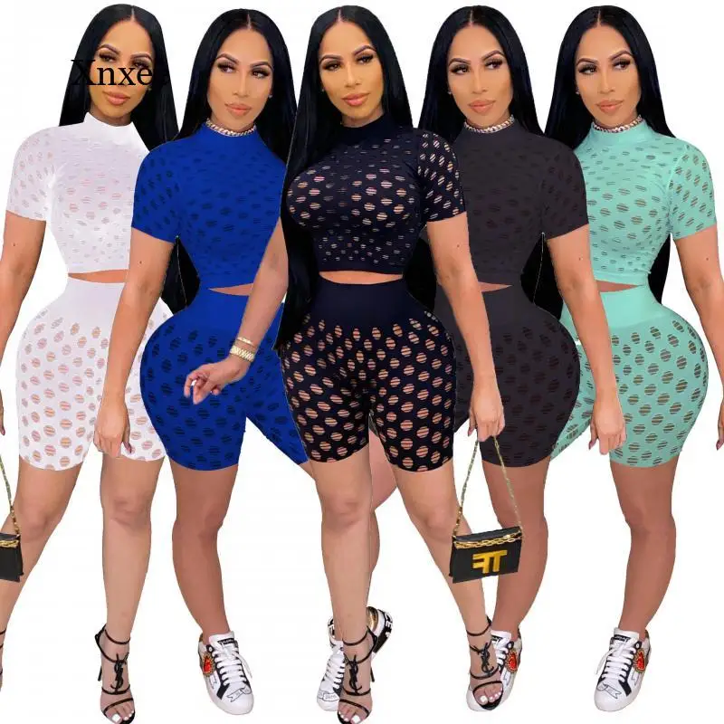 

2021 сексуальные сетчатые шорты Комплект из двух предметов Летняя женская футболка с короткими рукавами и брюки-карандаш вечерние Клубные; К...