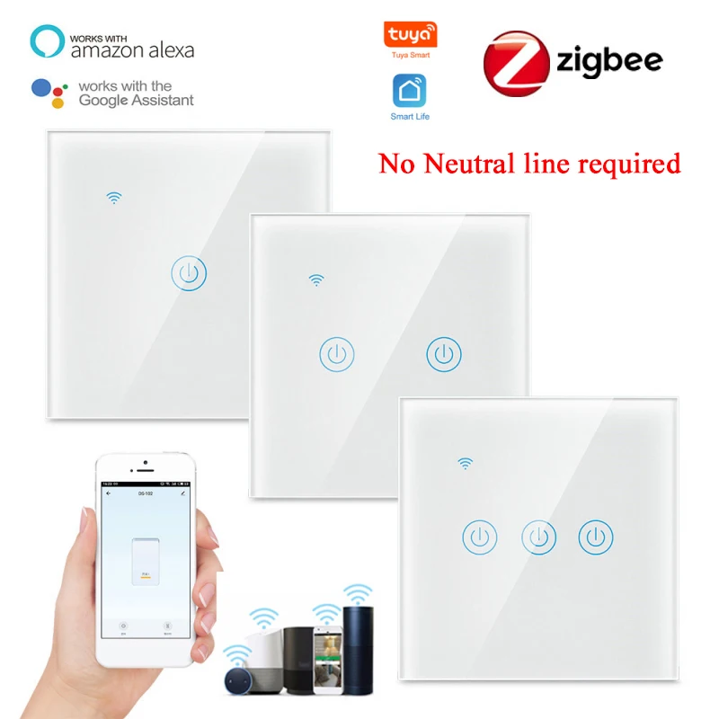 

Tuya EU Smart Switch 1/2/3 Gang Sensitive Touch Control Zigbee 3.0 Panel NO Neutral Line Required Support Alexa Google Home