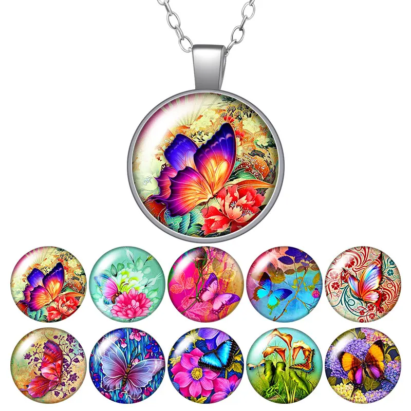 Красота Фантастическая Бабочка красочный круглый кулон ожерелье 25 мм стекло