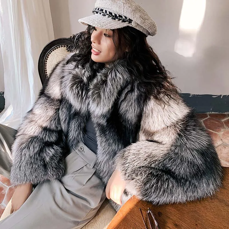BFFUR 2022 New Winter Real Fur Coat Women Fashion Natural color Silver Fox Fur Short Stand-Up collar Overcoat Female Luxury