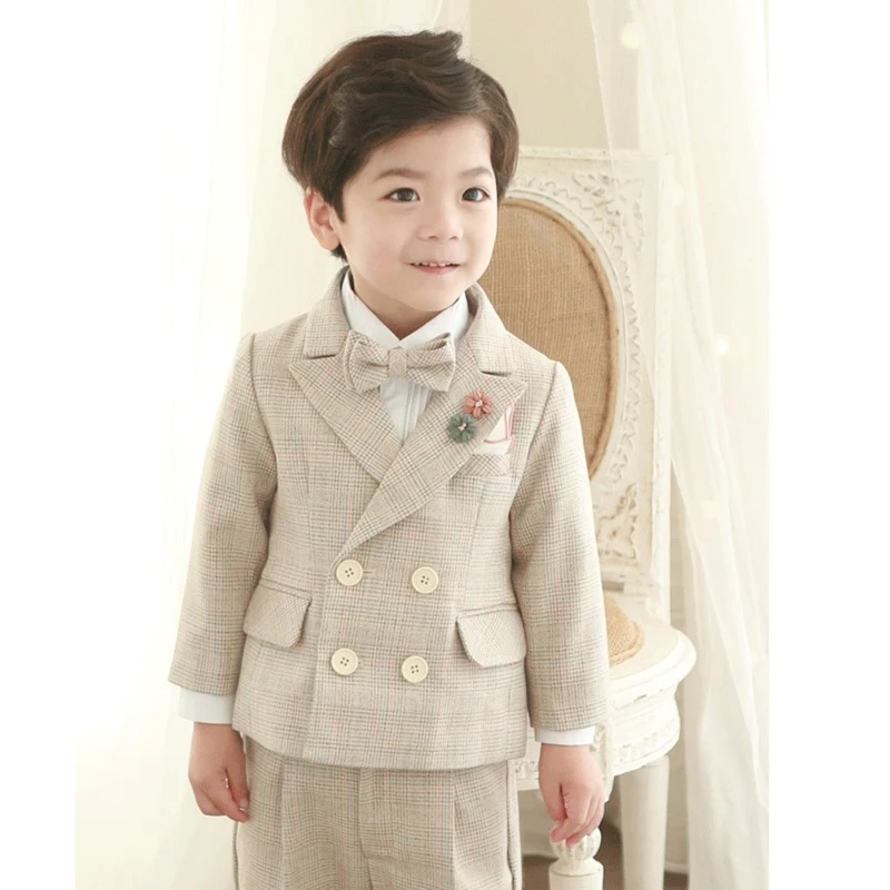 4PCS Little Boy Gentleman Suit Formal clothes Coat Vest Pants Tie bow Outfit Set Khaki Lattice birthday Wedding Party Dress | Детская