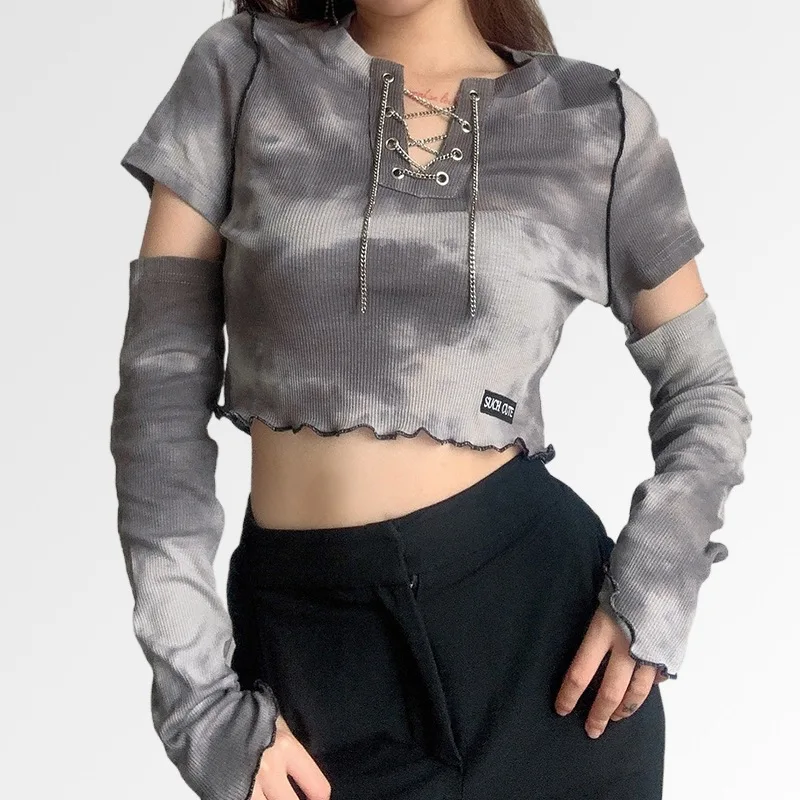 

Женская ажурная рубашка в стиле Харадзюку, повседневный укороченный топ с V-образным вырезом, винтажная хлопковая уличная одежда с длинным ...