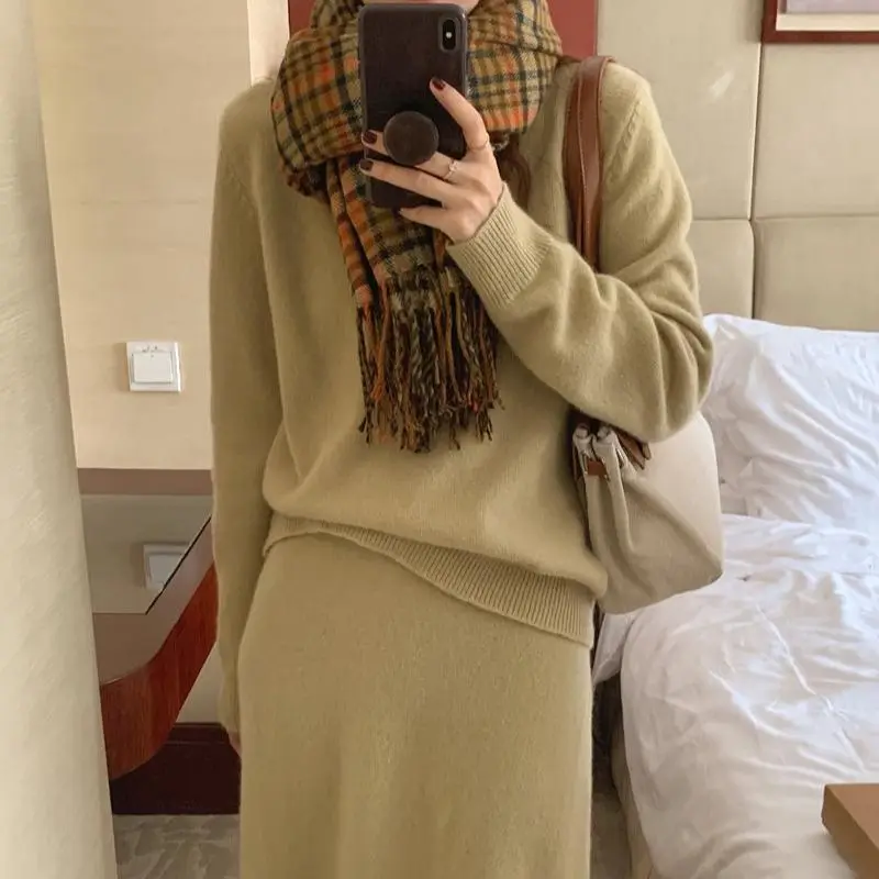 2021 осенний Элегантный женский плотный теплый свободный трикотажный комплект из 2