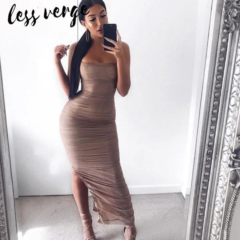 Lessverge Сетчатое Плиссированное облегающее платье женское без бретелек