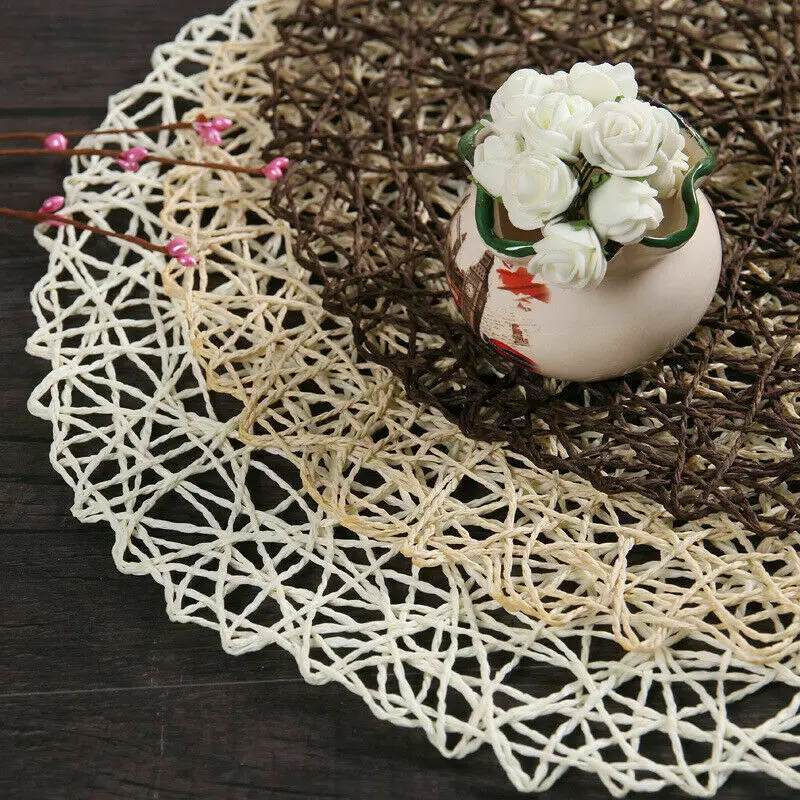 

2pcs Cup Pads Tables Hollow Mat Round Woven Dining Hand Made Kitchen Decors Set