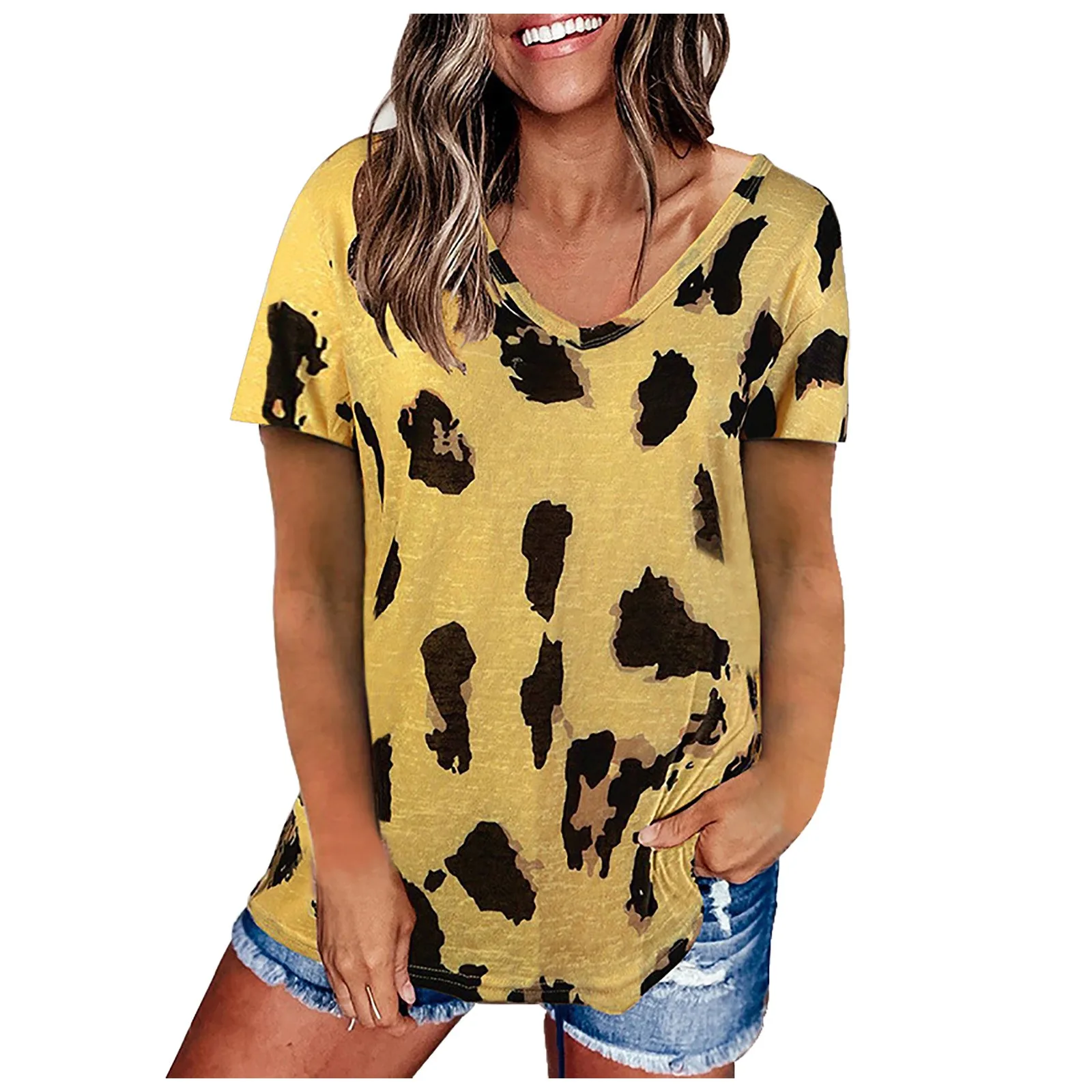 

Casual Cotton Women's Summer T-Shirts Short Sleeve leopard Printed T-Shirt Women's Slim Jacket Shirt Top V-Neck Ladies Clothing