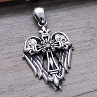 vintage cross pendant with angel wings 925 sterling silver male christian jewelry inlaid natural garnet stone
