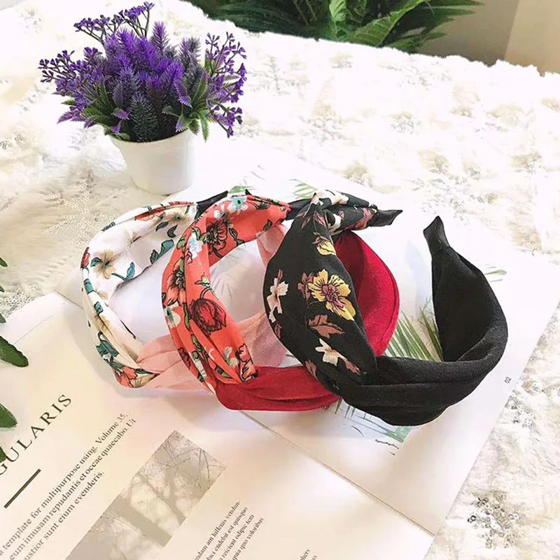 

Нескользящая повязка на голову, цветная повязка на голову с принтом, однотонные аксессуары для волос с перекрестным узлом, широкая повязка ...