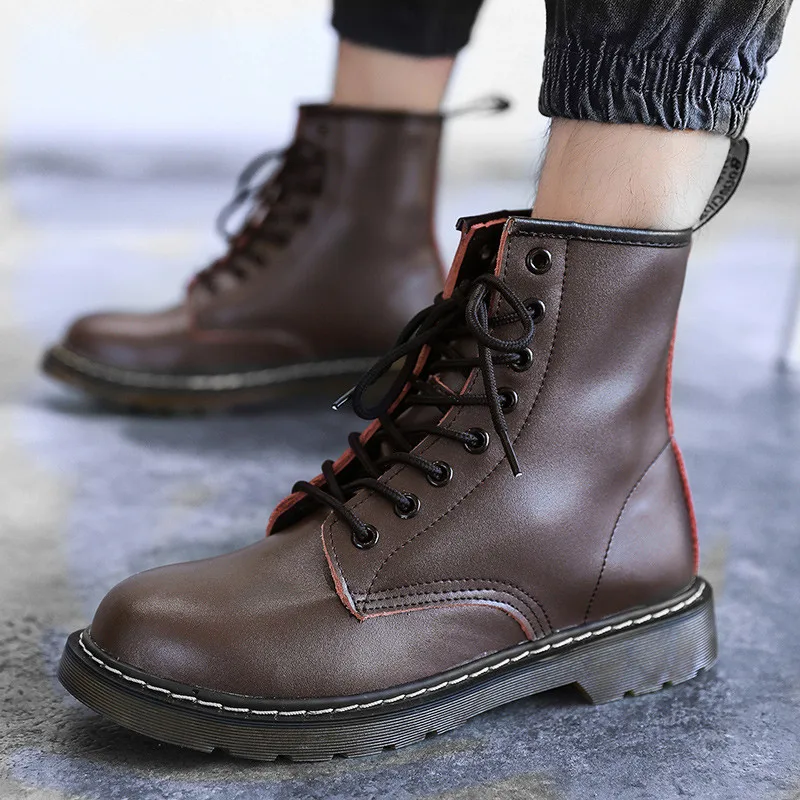 

Brand Men Leather Ankle Boots Woman Shoes Spring Autumn Couple Boot Female Lace-up Platform Boots Male Non-slip Walking Footwear