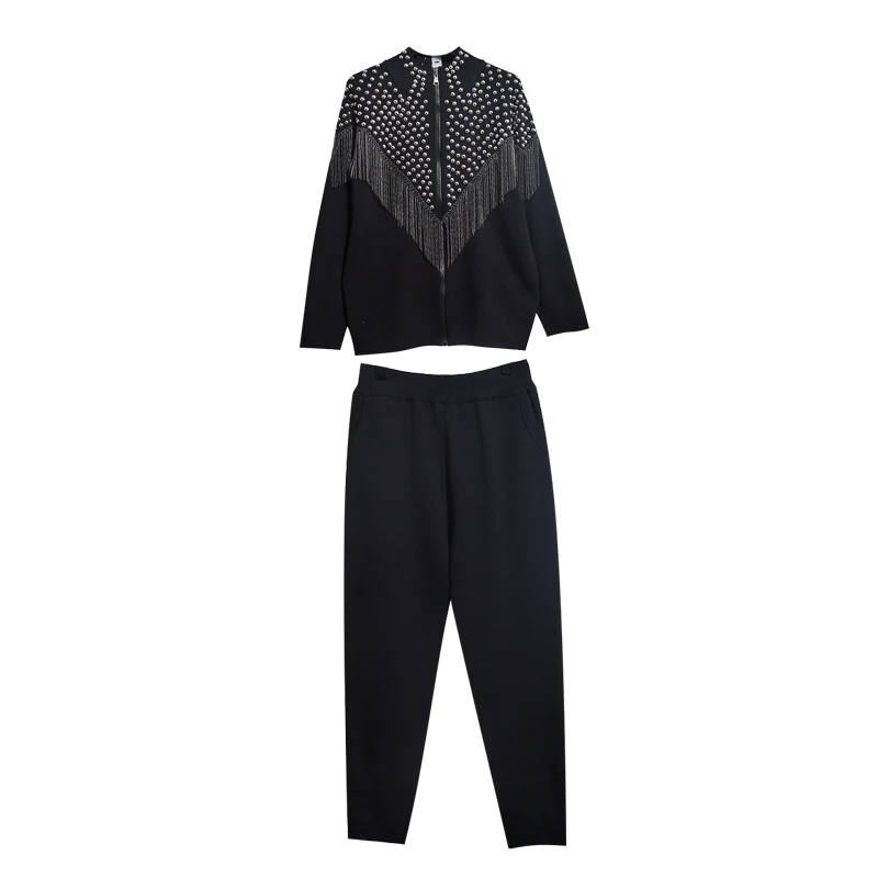 

Fashion Knitting Suits Autumn Winter Lady Cardigan Trousers Two-Piece Sets Zipper Beading Tassel Elastic Casual Female Korean